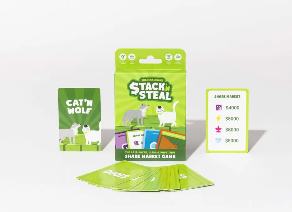 The Stack 'n Steal box with a Cat ‘n Wolf card, a Share Market card and a fan of cards in front