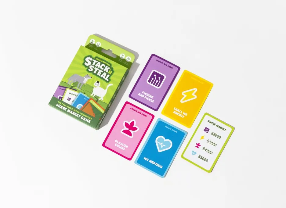 The Stack 'n Steal box and its colourful share cards in mid-air
