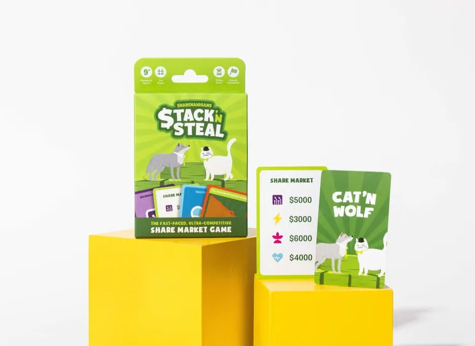 The Stack 'n Steal box on a yellow plinth beside a Cat ‘n Wolf card and a Share Market card