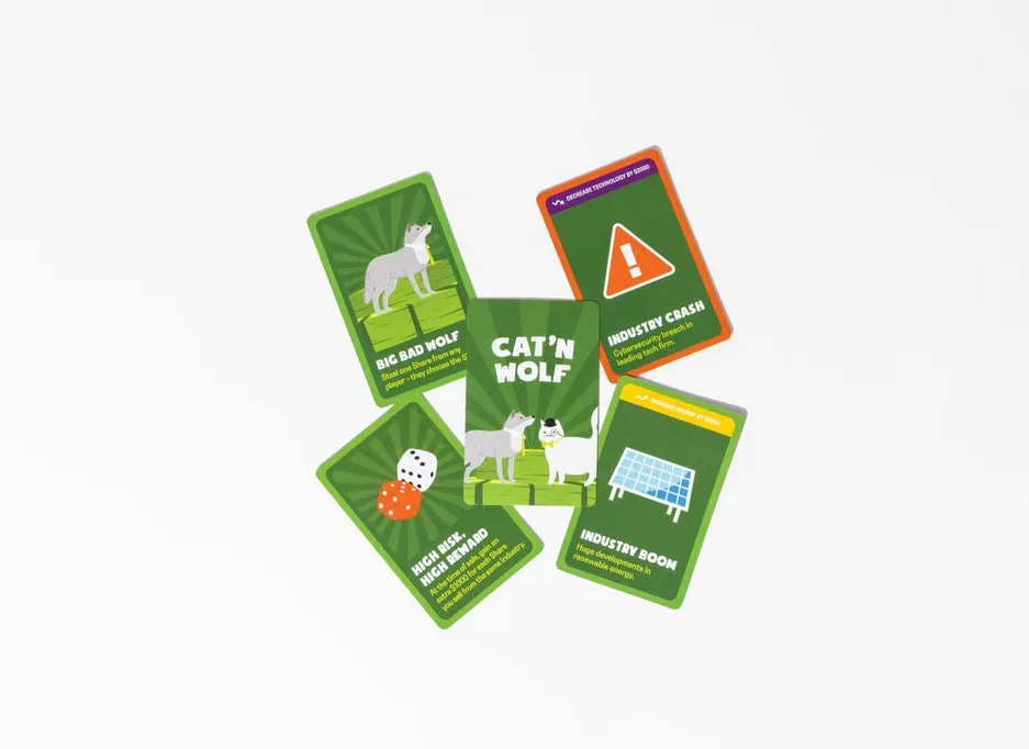 Stack 'n Steal cards spread out: wolf, Cat ‘n Wolf, market event and share cards