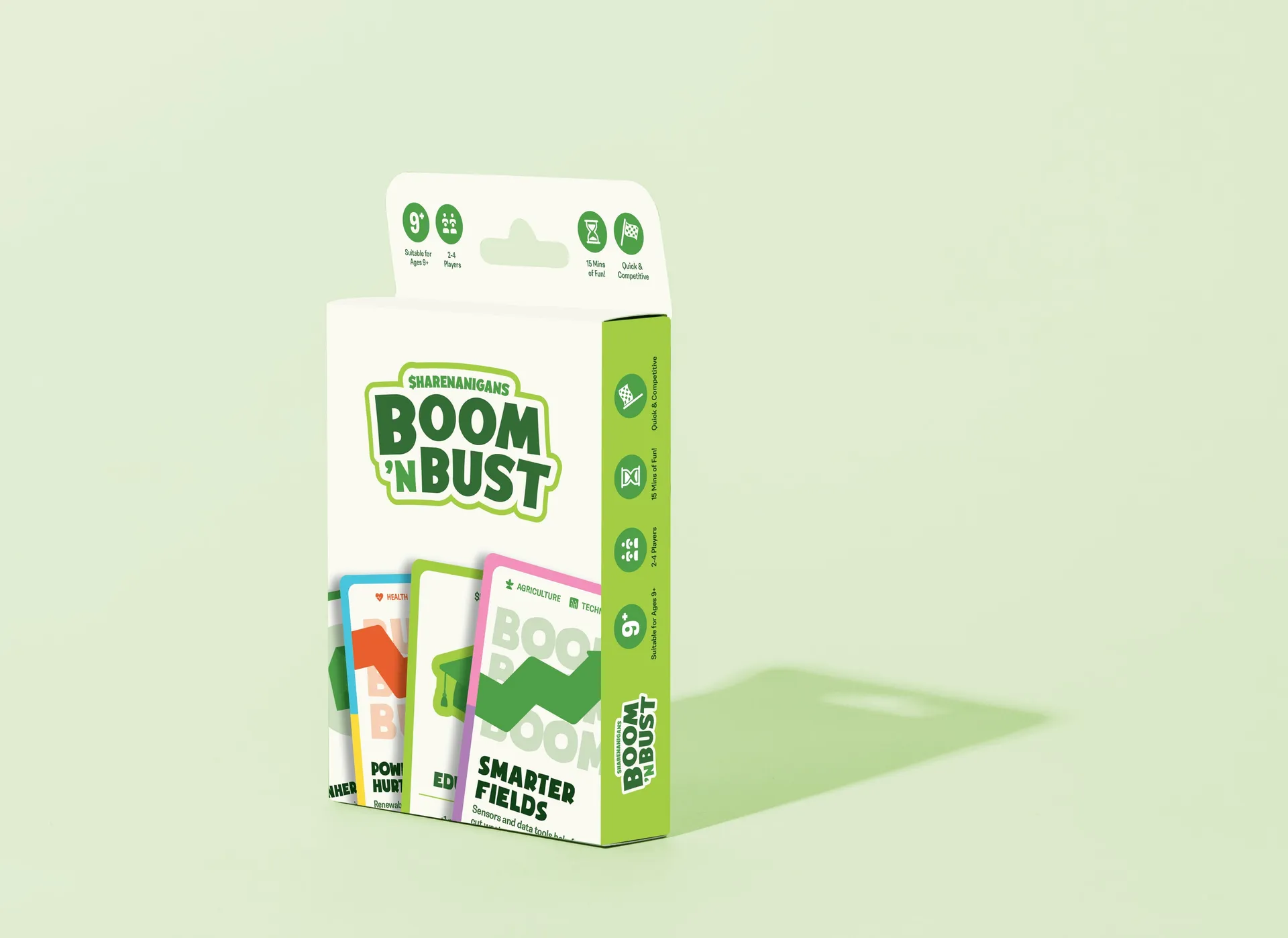 The Boom 'n Bust box casting a shadow on a pale green background
