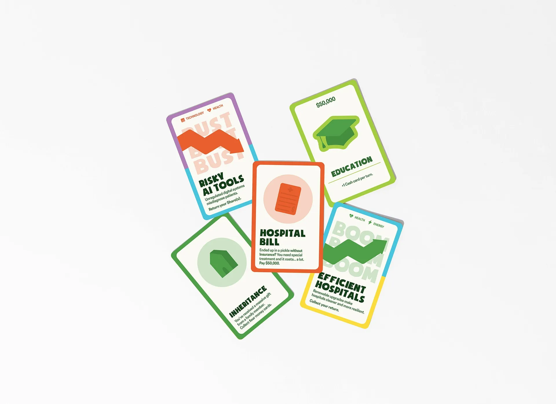 Boom 'n Bust cards in mid-air: Hospital Bill, Education, Smarter Fields and more