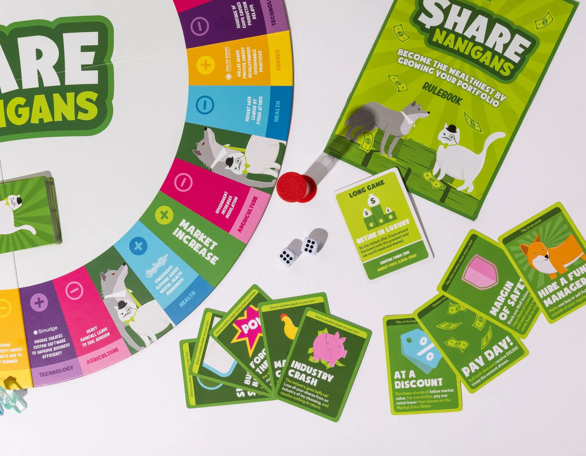 The Sharenanigans board, rulebook, dice and cards laid out from above
