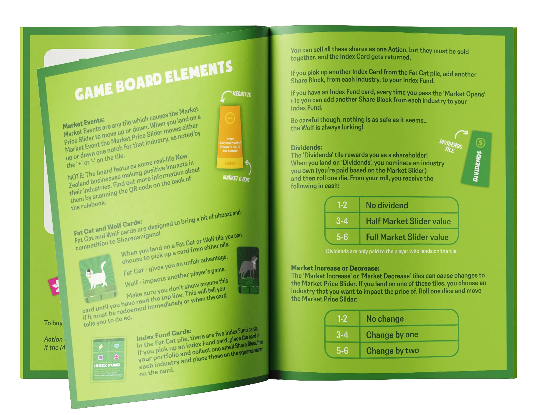 The Sharenanigans rulebook lying open at its pages on the game board elements and dividends