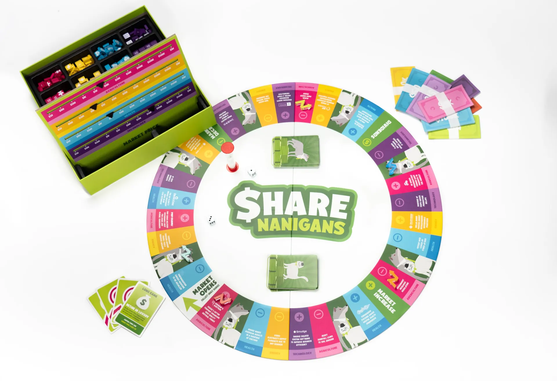 The Sharenanigans board laid out with its box inlay, share blocks, dice, sand timer and cards