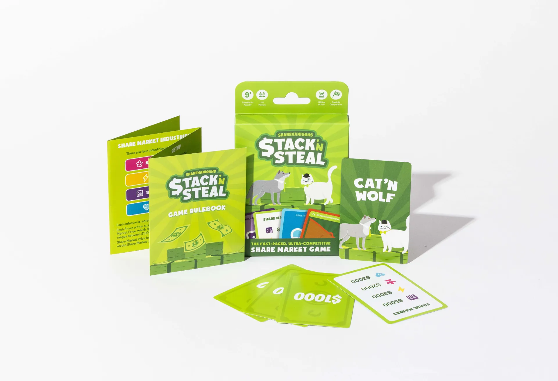 Stack 'n Steal's box, rulebook and cards laid out
